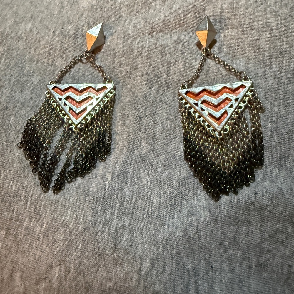 Geometric Silver and Gold Chain Earrings - Picture 2 of 4